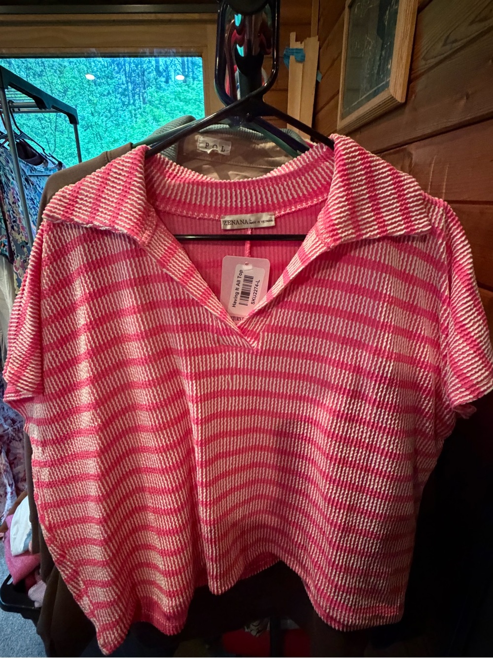 Zenana Outfitters Pink and White Striped Short Sleeve Polo Top